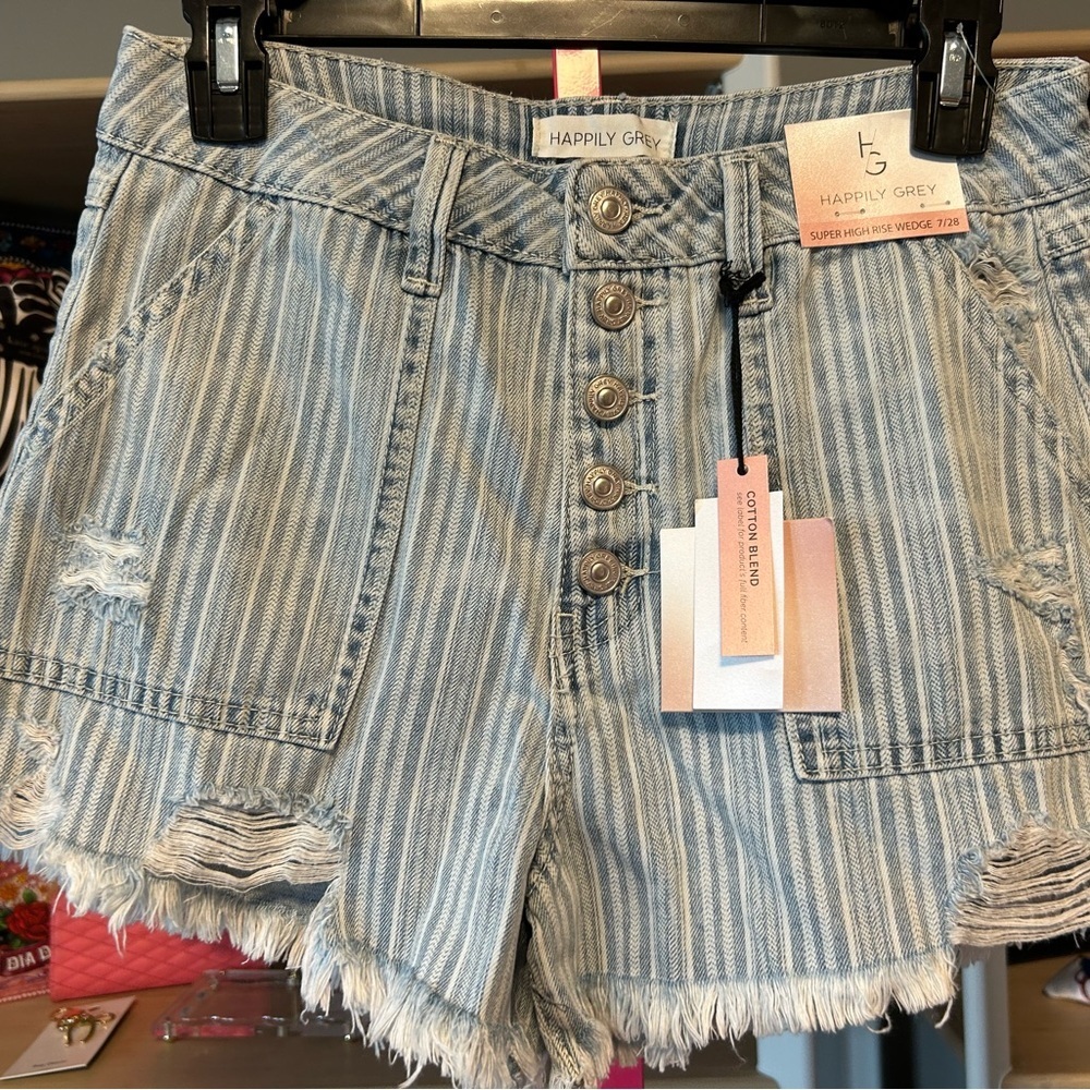 Happily Gray Striped Denim Shorts - Blue size 7/28 NWT